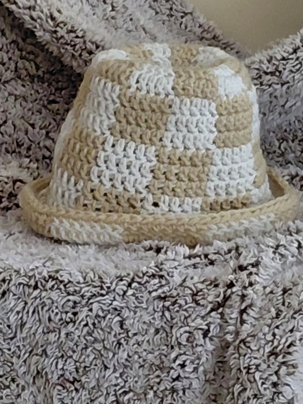 Hand-Crocheted Checker Bucket Hat in Cream and White